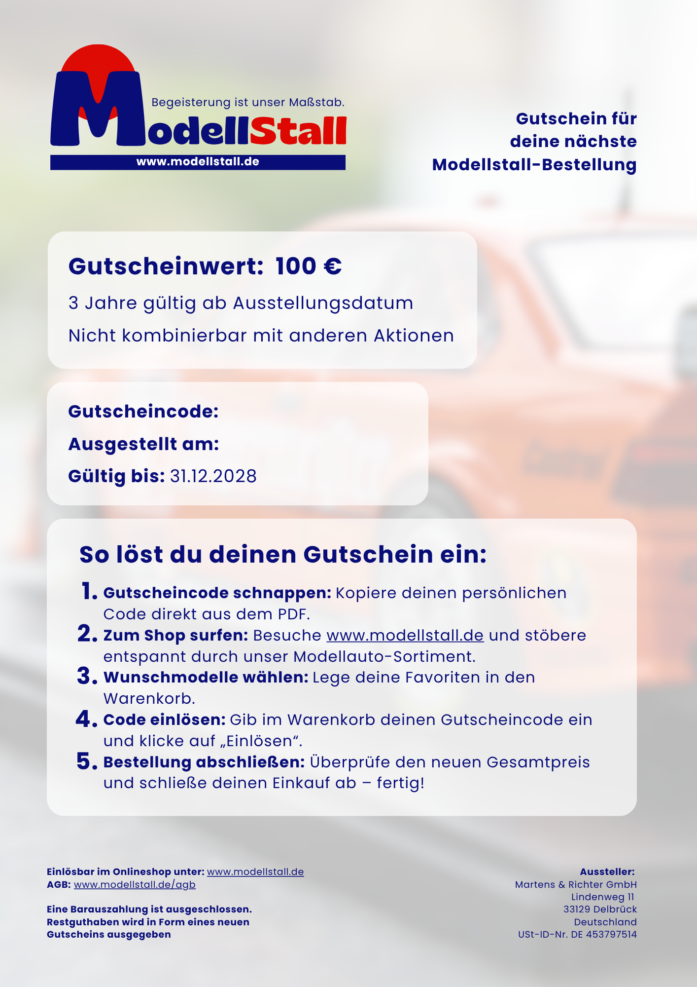 Geschenkgutschein „ModellStall“ 100€ Geschenkgutschein „ModellStall“ 100€