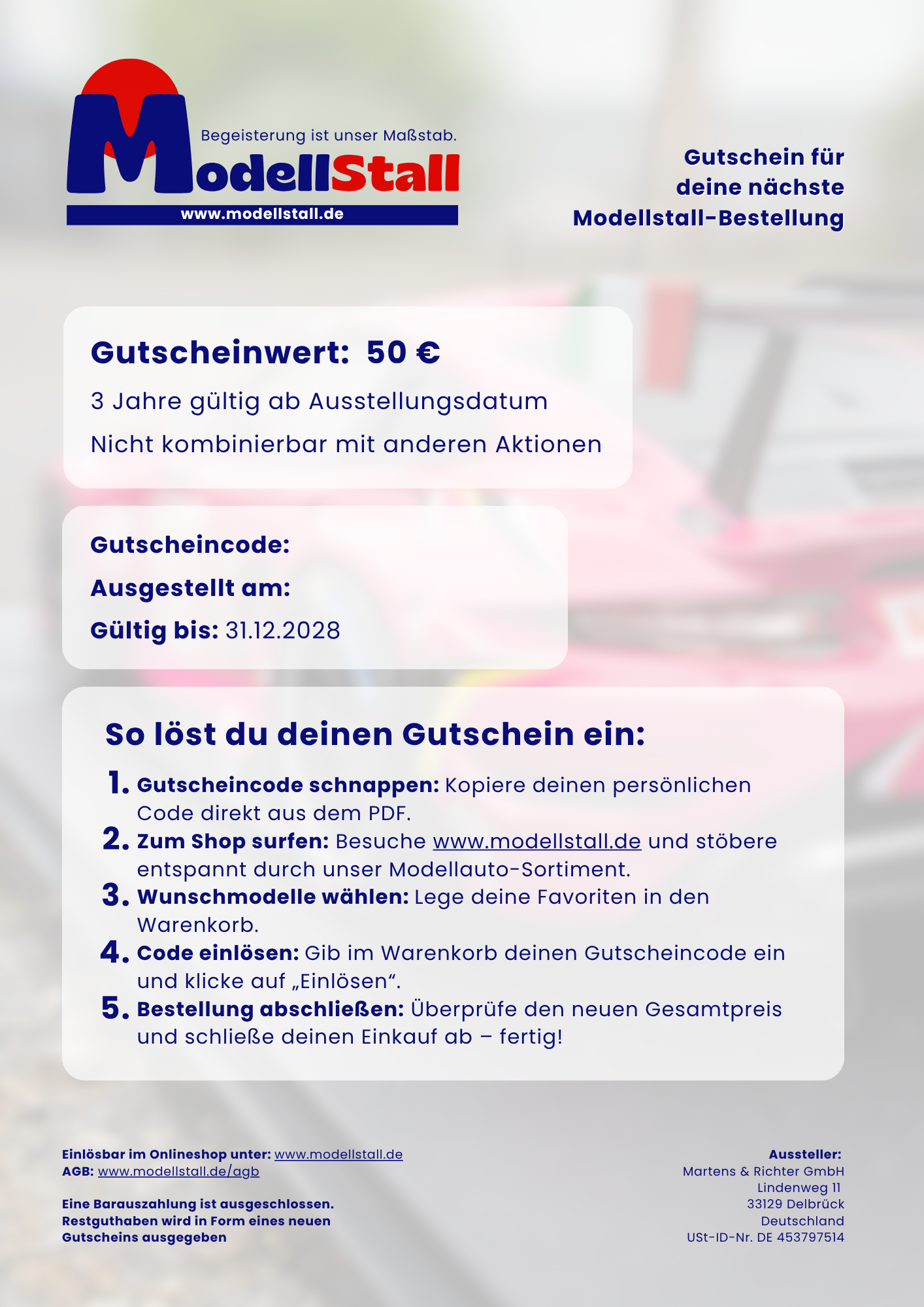 Geschenkgutschein „ModellStall“ 50€ Geschenkgutschein „ModellStall“ 50€