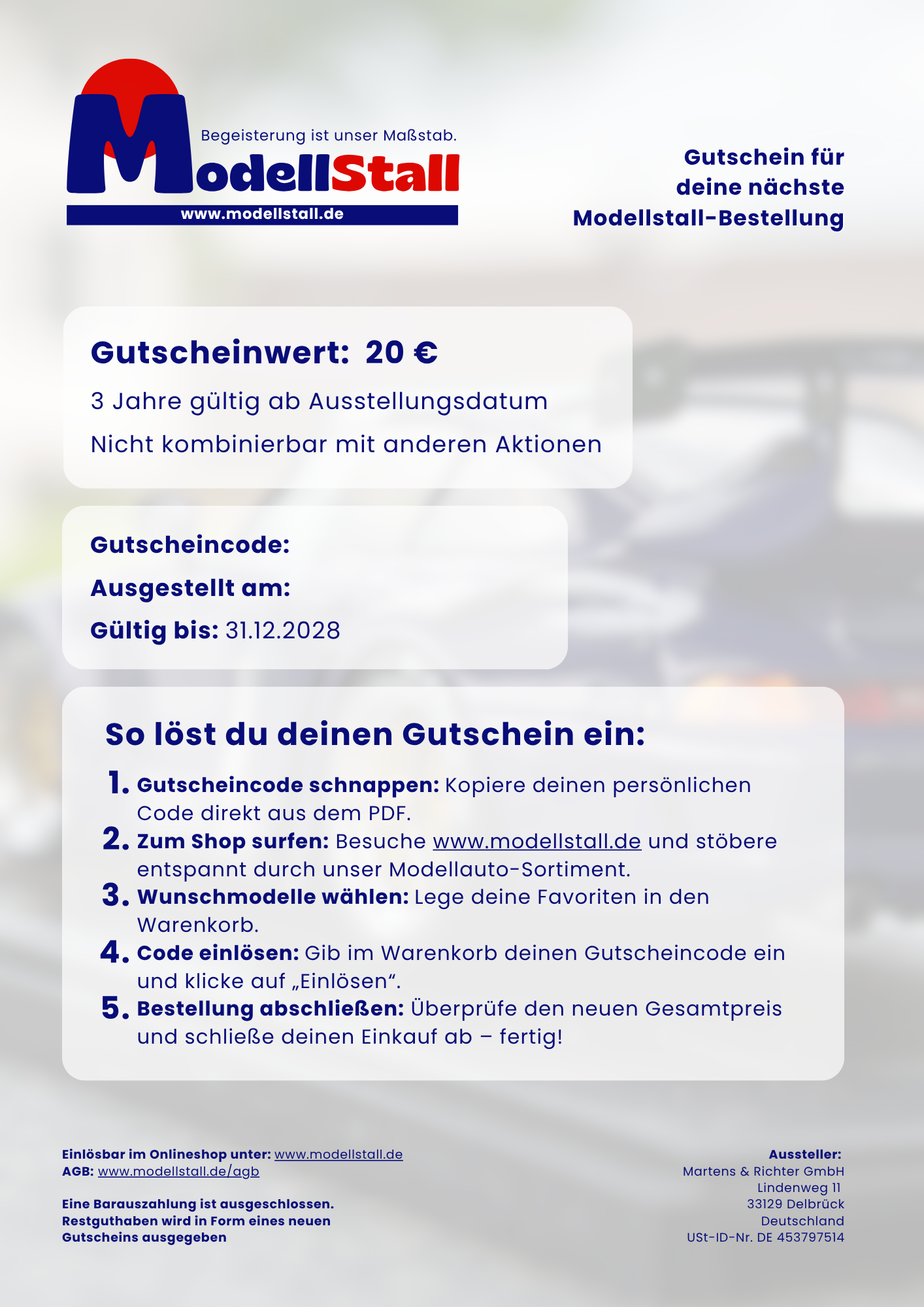 Geschenkgutschein „ModellStall“ 20€ Geschenkgutschein „ModellStall“ 20€